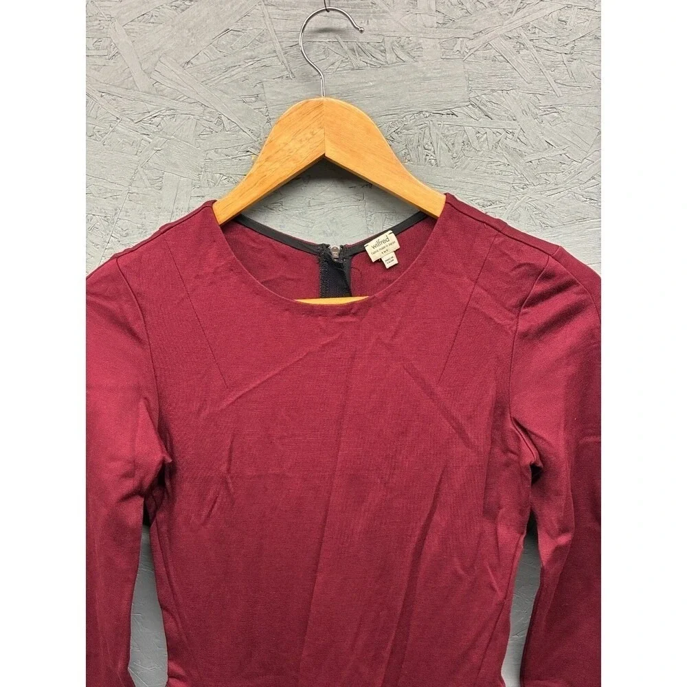 Wilfred Aritzia Pleated Fit Flare Mini Dress Womens 2 Burgundy Red Long Sleeve
